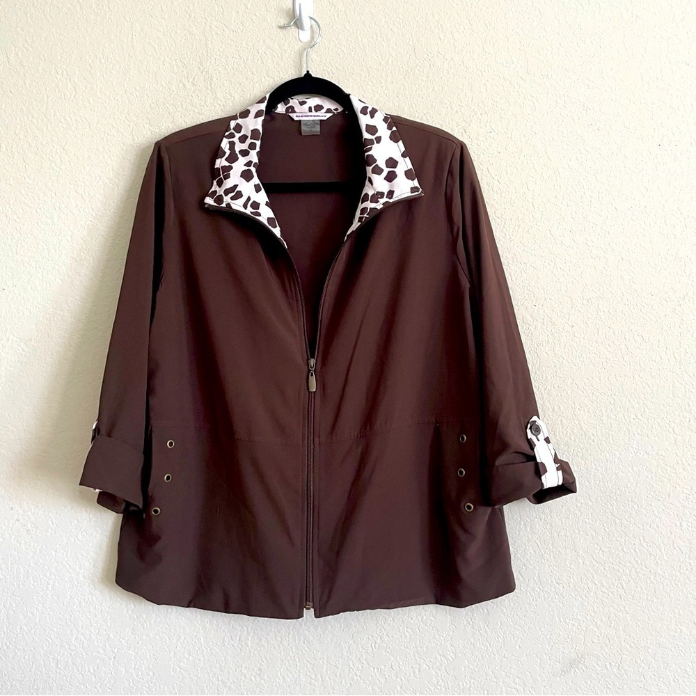 Allison Daley woman’s full zip Brown Jacket with Animal Print Collar size 14